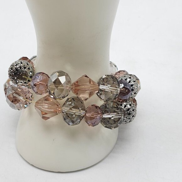 Chico's Crystal Faceted Beaded Chunky Stretch Bracelet In Pink Clear - Picture 2 of 4